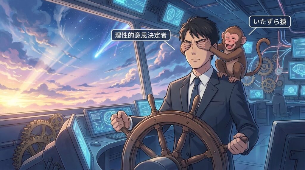 船を操縦しようとするスーツ姿の男性（理性）と、それを邪魔してバナナを食べながら遊ぶ可愛い猿（モンキー）の対比。コミカルながらも切実な状況を描いたアニメ風イラスト。