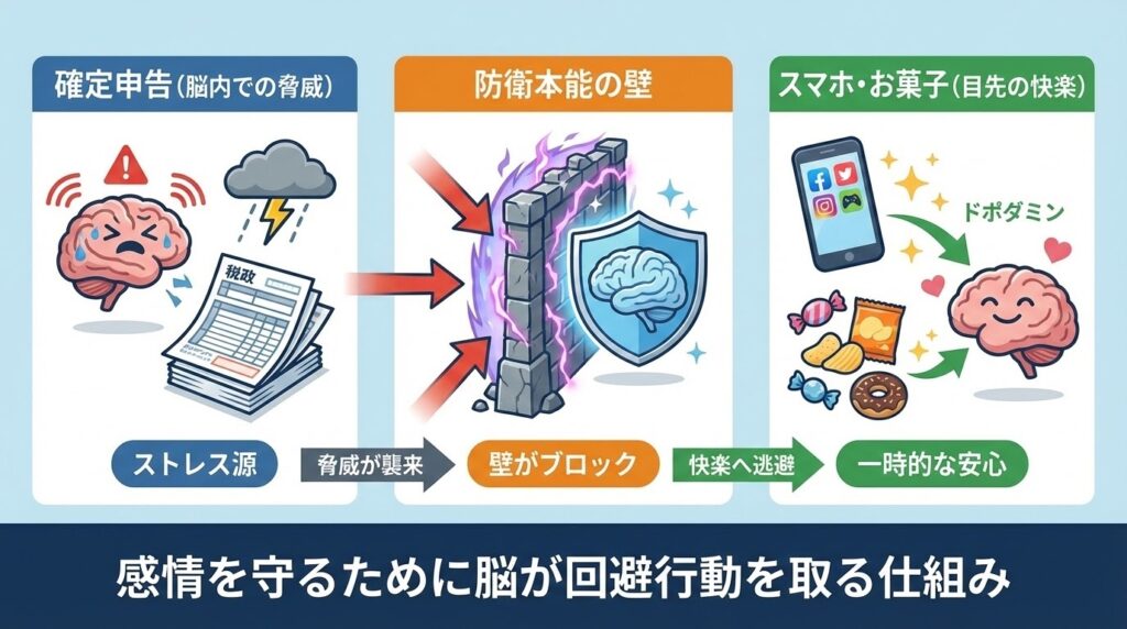  脳が「確定申告＝不快・脅威」と認識し、感情を守るために「YouTube・SNS＝安全・快楽」へ逃避させるプロセスを説明した日本語のインフォグラフィック。