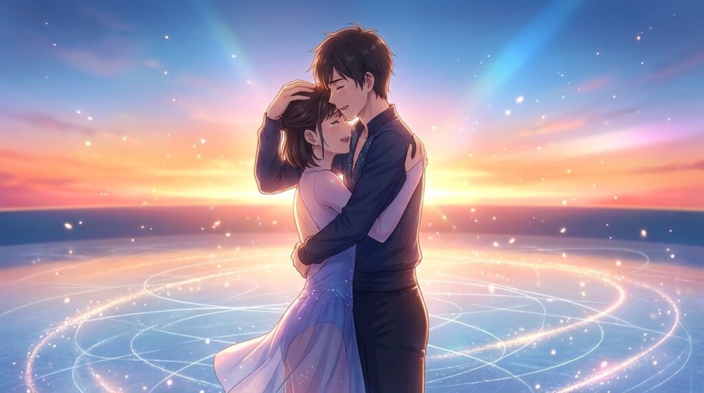 氷上で感動的にハグし、互いの頭を撫でるりくりゅうペア（三浦璃来と木原龍一）のアニメイラスト。背景には夕焼けの美しい光が差し込む。