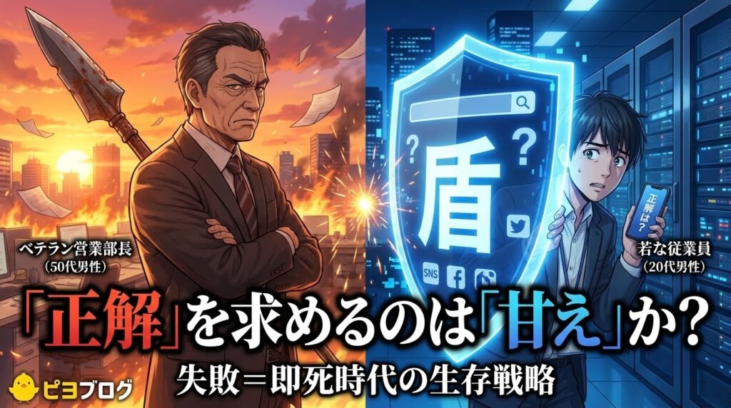 矛（槍）を背負ったベテラン営業部長と、デジタルな盾とスマホで身を守る若手社員が対向する新海誠風のアニメイラスト。中央に「正解を求めるのは甘えか？失敗＝即死時代の生存戦略」の文字。営業心理学と世代間の価値観の違いを表現。