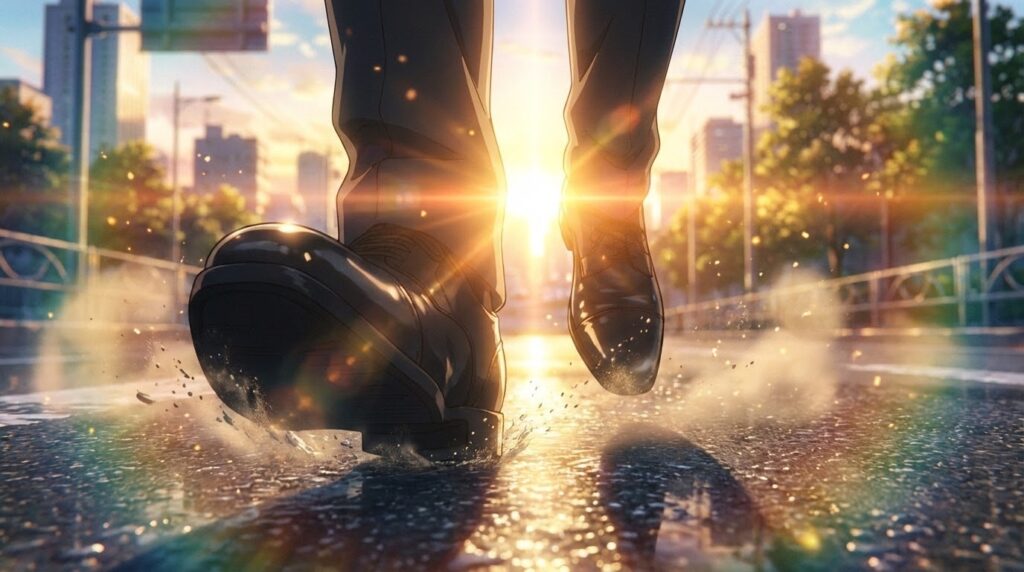 朝焼けの中、力強く歩き出す足元(タイプB:アニメ風)。未来への一歩を象徴。
