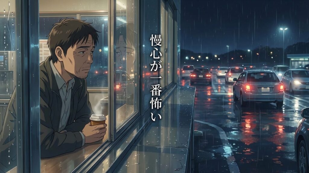 新海誠監督が描いたようなアニメ風の、雨の日の車内。真剣な表情の男性ドライバー。