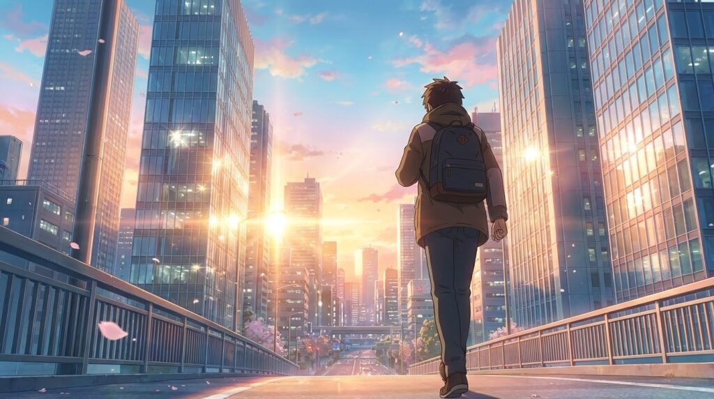 悩みから解放され、自信を持って歩く新海誠風のビジネス風景