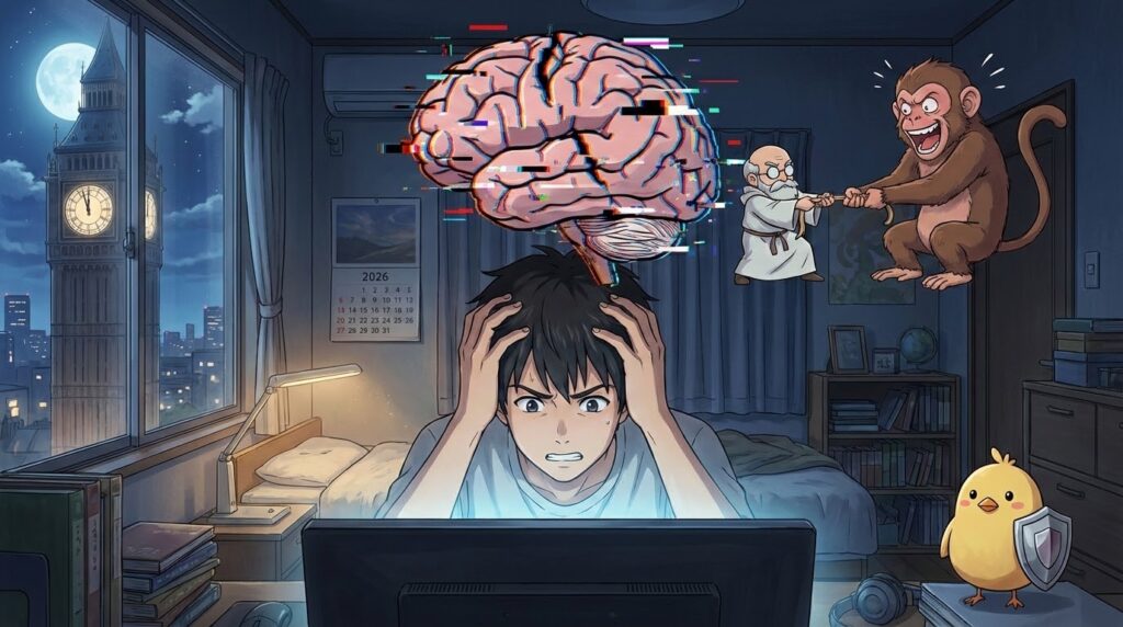アニメアイキャッチ。夜の部屋で書類に囲まれ焦る日本人男性の頭上で、脳がグリッチし、理性とモンキーが綱引きをしている。背景に2026年のカレンダーと時計。