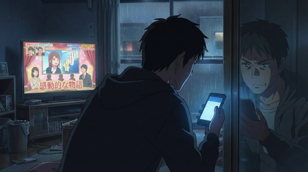 SNSの炎上を背景に、テレビの演出を疑うような表情で見つめる男性の背中