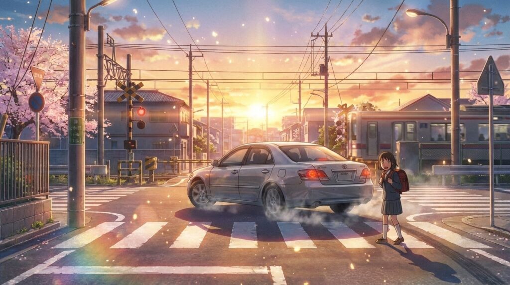 新海誠監督が描いたようなアニメ風の、夕暮れの交差点での危険な運転シーン