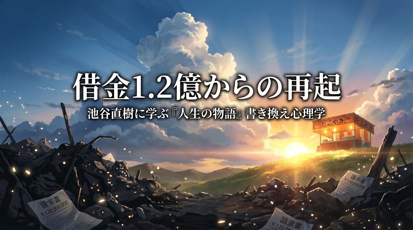 池谷直樹の借金1.2億からの再起をテーマにしたアイキャッチ画像。絶望を象徴する借金の山から、盾とペンを手に「人生の物語」を書き換える決意をして朝焼けのたこ焼き屋へ向かうピヨ部長の新海誠風アニメイラスト。