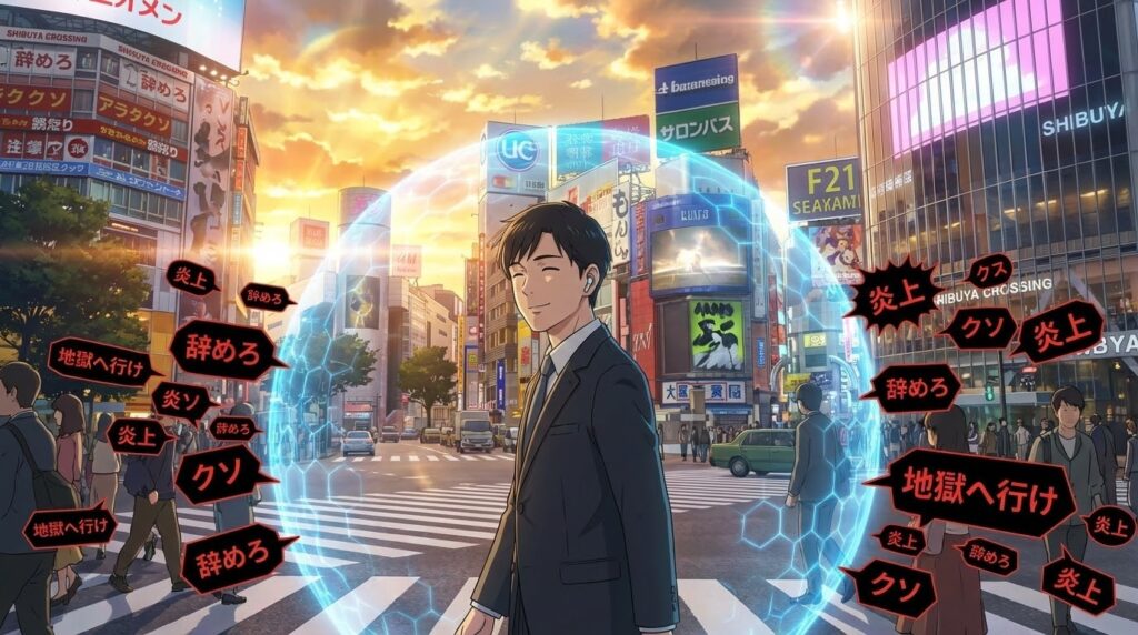 騒々しい街中でイヤホンをし、冷静な表情で歩く男性。彼の周りには透明な盾が展開されている。