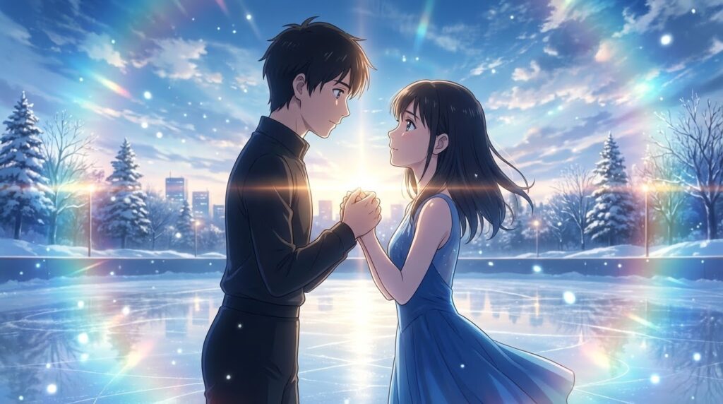 氷の上で手を取り合い、信頼に満ちた表情で見つめ合うペアスケーターのアニメイラスト