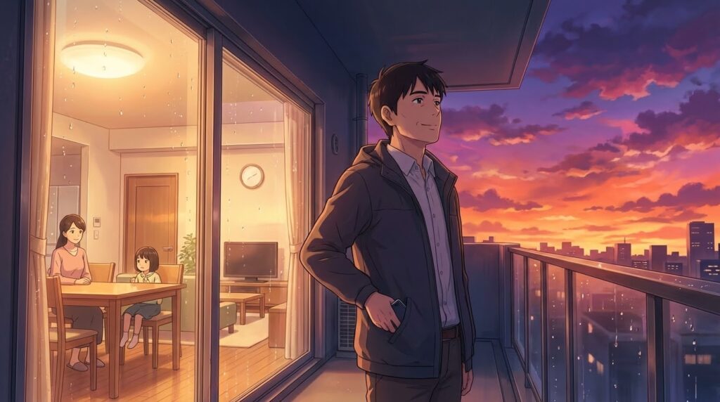 夕焼けを背景に、スマホをポケットにしまい、家族の待つ部屋へ戻ろうとする40代男性の安らかな横顔