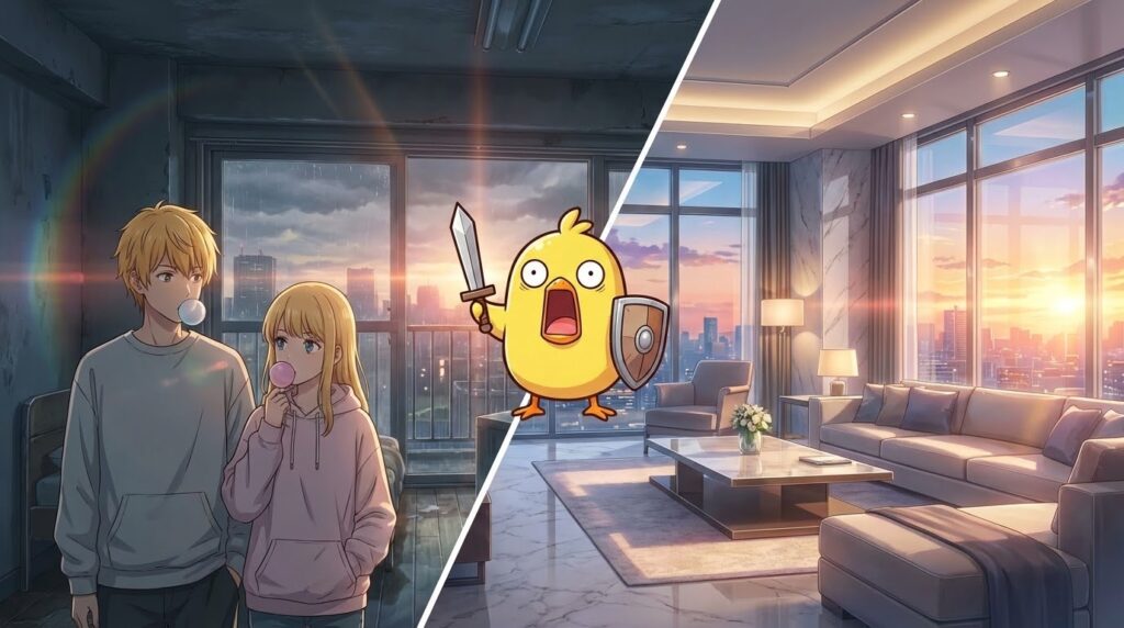 リフォーム営業の失敗を象徴するアニメ風イラスト。左側に偏見の対象となったラフな若者、右側に真実の姿である豪華な内装を対比させ、驚くひよこキャラクターが中央に配置されている図。