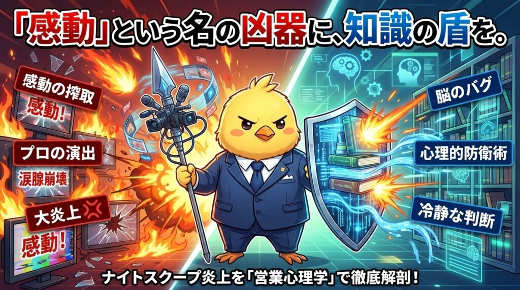 探偵！ナイトスクープのヤングケアラー回炎上をテーマに、メディアの演出（矛）を知識の盾で防ぐピヨ部長を描いたアニメ風サムネイル。画面左側は「感動の搾取」を象徴する赤い炎と怒りのマーク、右側は「心理的防衛術」を象徴する冷静な本棚と脳のシルエットが対比構造で描かれている。