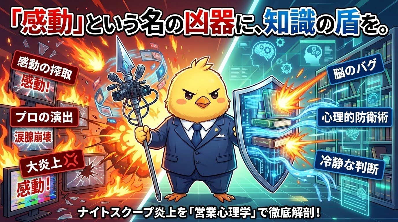 探偵！ナイトスクープのヤングケアラー回炎上をテーマに、メディアの演出（矛）を知識の盾で防ぐピヨ部長を描いたアニメ風サムネイル。画面左側は「感動の搾取」を象徴する赤い炎と怒りのマーク、右側は「心理的防衛術」を象徴する冷静な本棚と脳のシルエットが対比構造で描かれている。