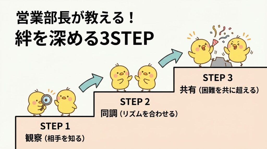 観察、同調、信頼構築のサイクルを示した円形のインフォグラフィック