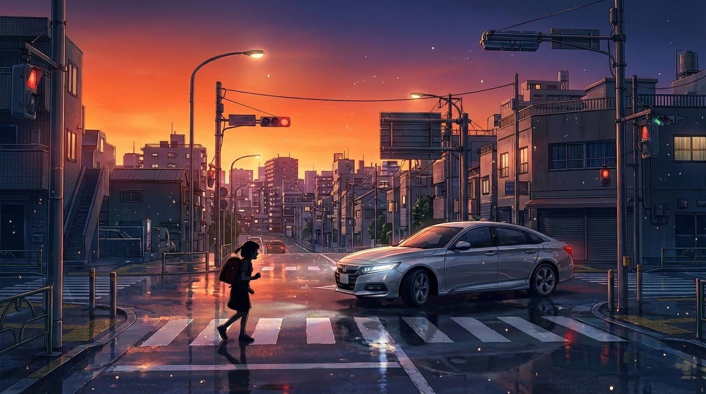 夕暮れの交差点でウインカーを出さずに右折する車と驚く歩行者の対比を描いた、新海誠監督風のアニメイラスト。交通心理学と認知バイアスを象徴するイメージ。