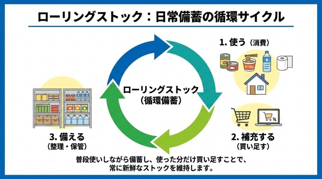 普段の生活の中で備蓄を回し、パニック時にも慌てない仕組みを解説する図解