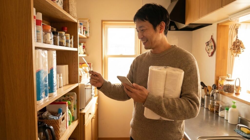 スマホを置き、棚にあるトイレットペーパーを見て冷静さを取り戻す日本人男性の様子