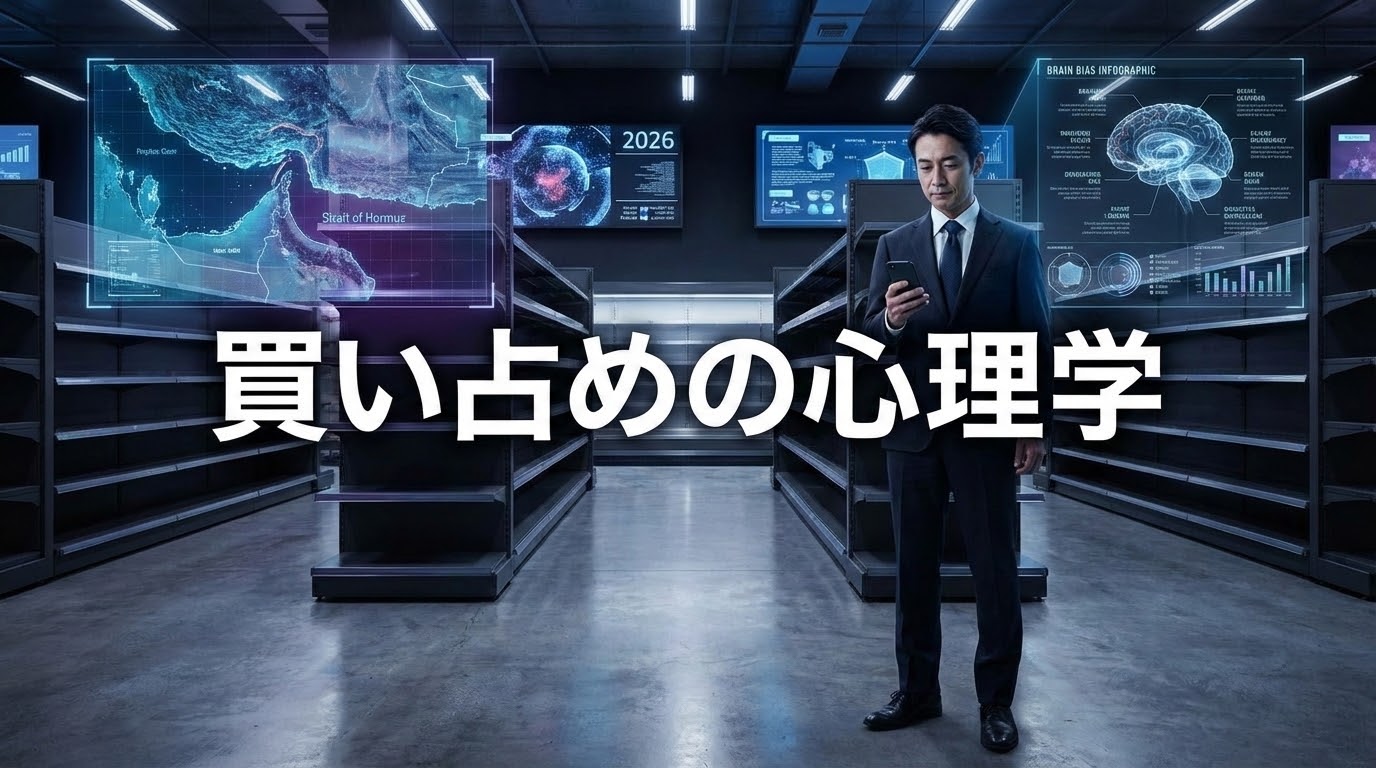 ホルムズ海峡のマップとスーパーの空っぽの棚を背景に、パニック購買のメカニズムをデータで解き明かすイメージ図