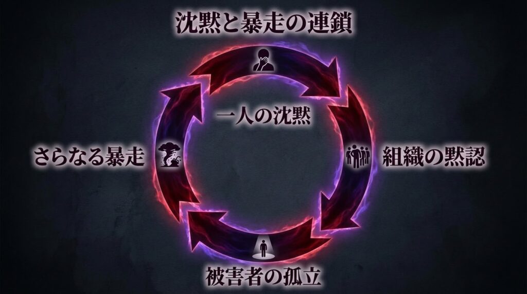 沈黙、孤立、服従の強化が繰り返される負の連鎖の図解