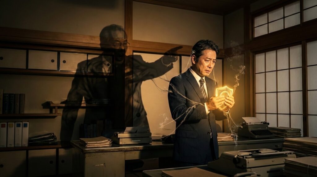 暗いオフィスで操り人形のように糸で操られる日本人男性社員と、その背後に大きく威圧的に立つ上司の影。男性は手に光る盾を持ち、糸を断ち切ろうとしている。記事「なぜ優秀な人ほどパワハラに従うのか」のアイキャッチ画像。