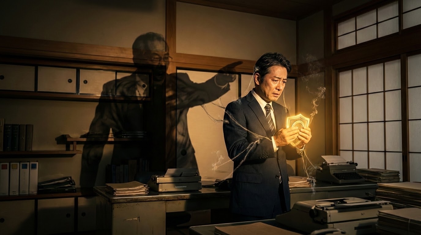 暗いオフィスで操り人形のように糸で操られる日本人男性社員と、その背後に大きく威圧的に立つ上司の影。男性は手に光る盾を持ち、糸を断ち切ろうとしている。記事「なぜ優秀な人ほどパワハラに従うのか」のアイキャッチ画像。