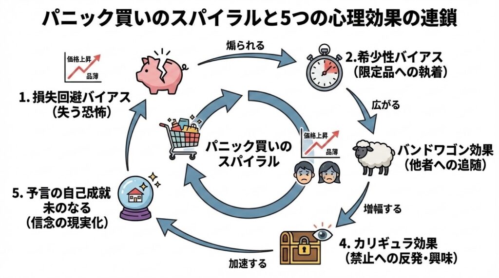 損失回避、バンドワゴン、希少性、カリギュラ効果、予言の自己成就がどう連鎖するかを示す図解