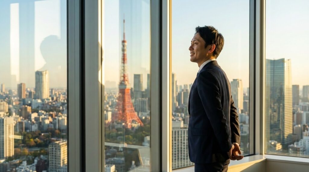 街を見下ろす窓際で、自分を取り戻したような表情で前を見据えるスーツ姿の男女