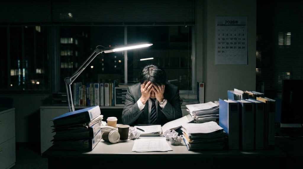 深夜のオフィスでパソコンを前に頭を抱える、精神的に限界を迎えたサラリーマンの姿